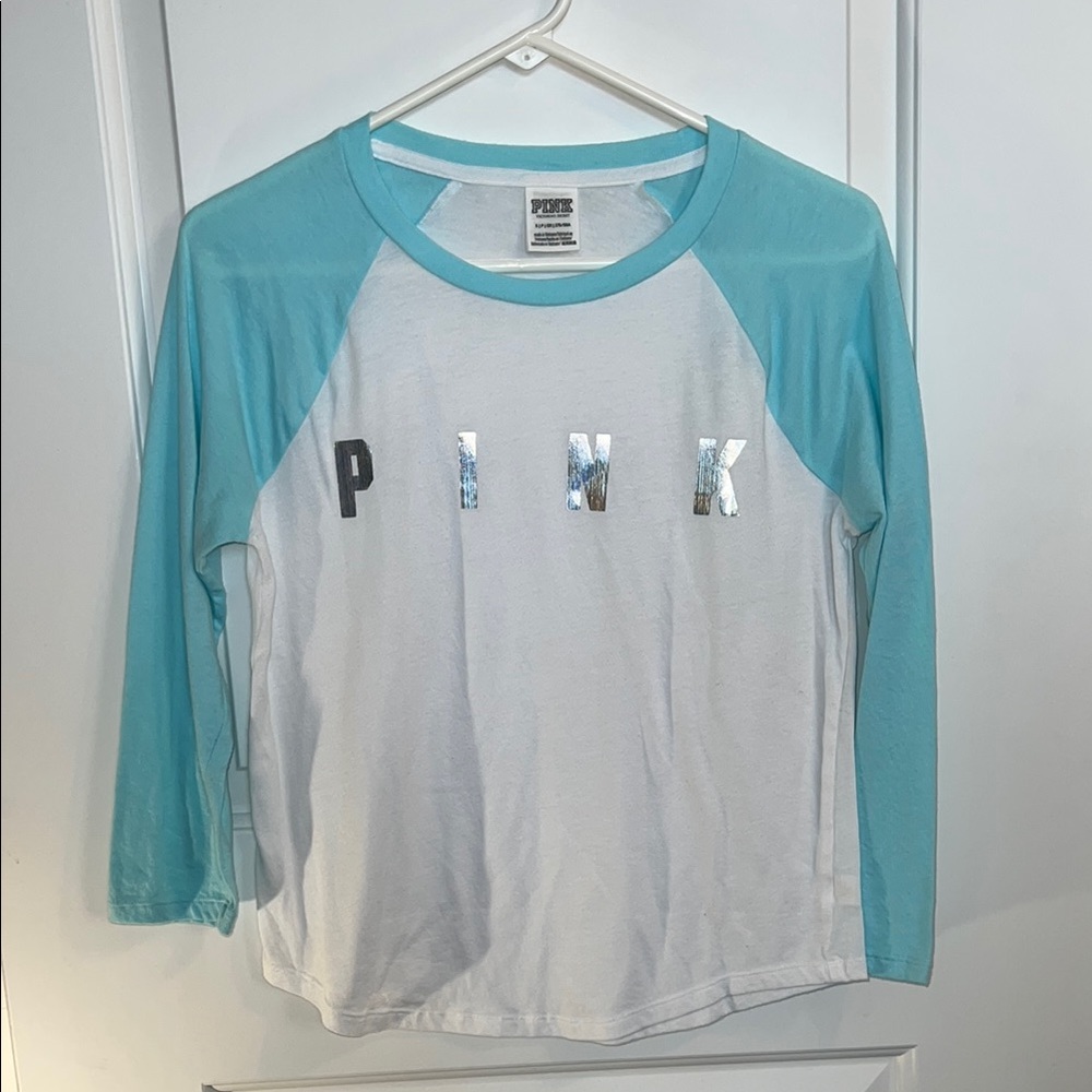 PINK Victoria's Secret Blue and White Raglan Jersey